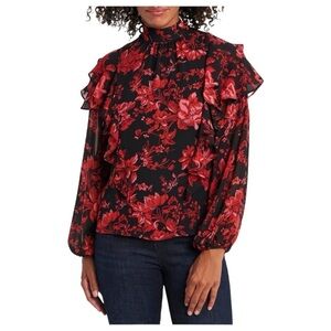 Vince Camuto Victorian Blooms red black Tiered Ruffle Sleeve Blouse medium NWT